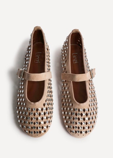 Linzi Delicate Sand Suede Diamante Embellished Ballet Pumps