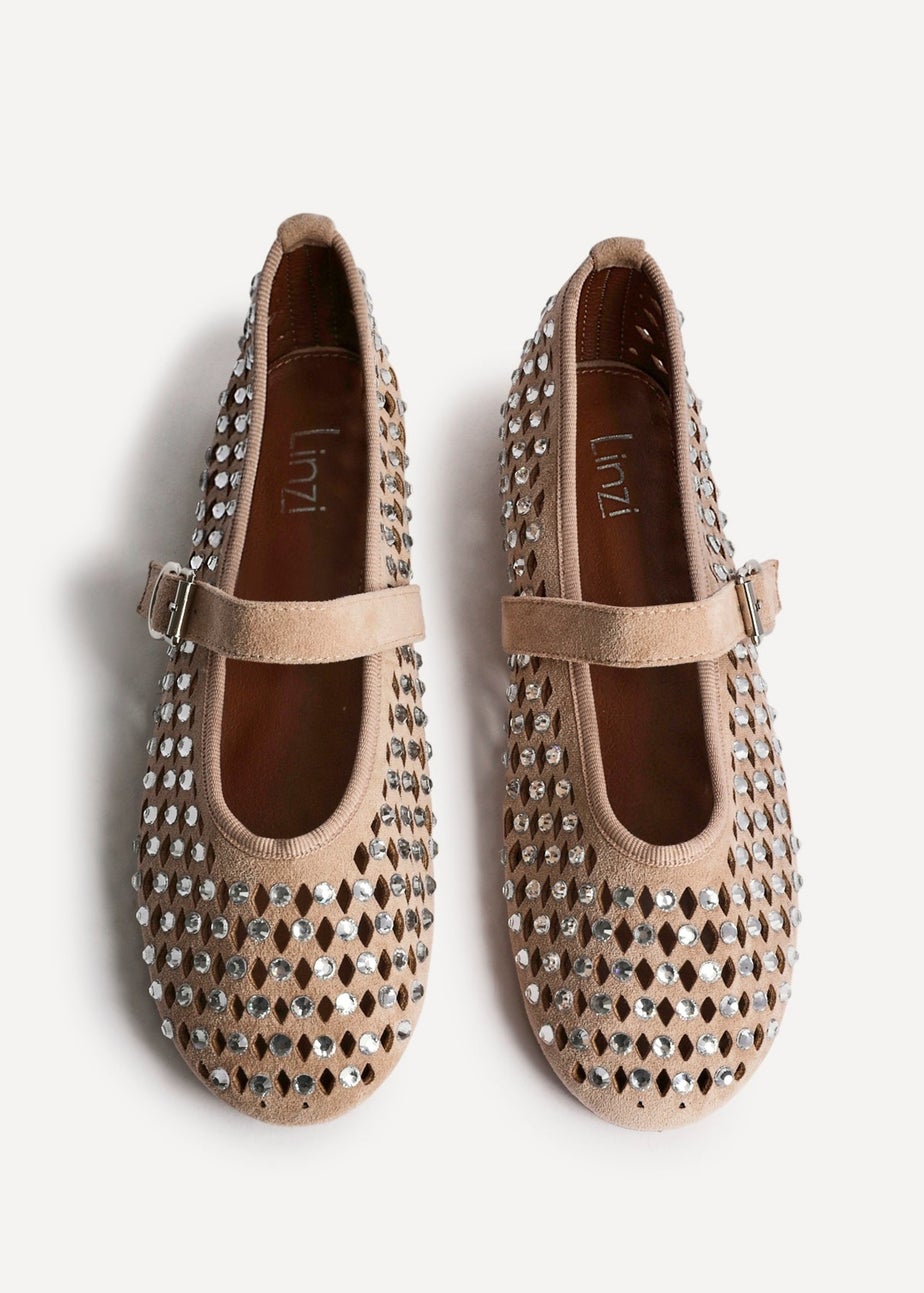Linzi Delicate Sand Suede Diamante Embellished Ballet Pumps