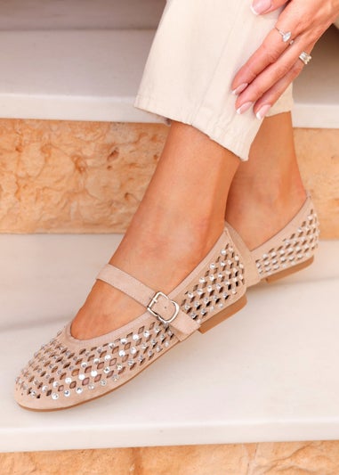 Linzi Delicate Sand Suede Diamante Embellished Ballet Pumps