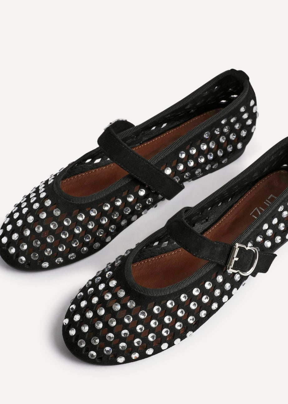 Linzi Delicate Black Suede Diamante Embellished Ballet Pumps