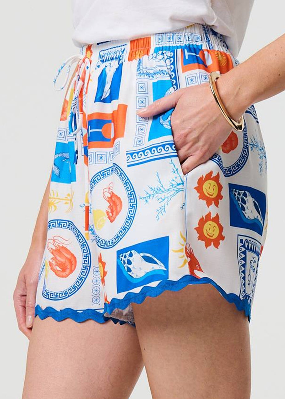 Izabel London Blue Printed High Waist Relaxed Shorts