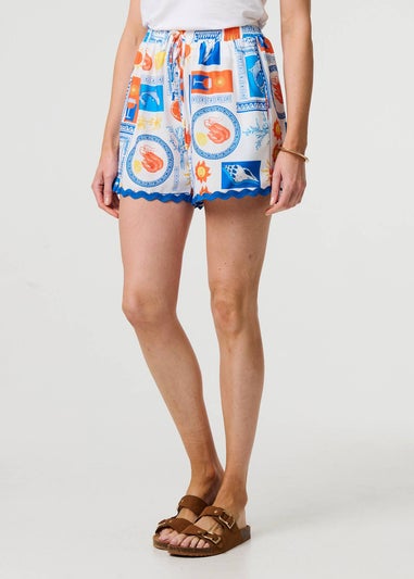 Izabel London Blue Printed High Waist Relaxed Shorts