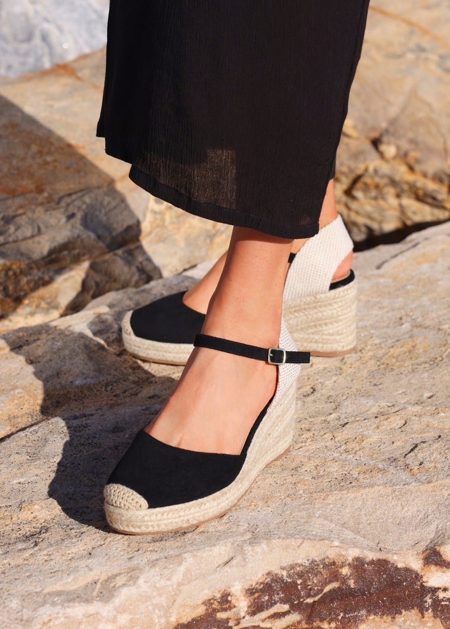 Linzi Present Black Faux Suede Closed Toe And Open Back Espadrille Wedge