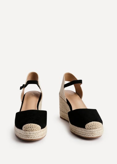 Linzi Present Black Faux Suede Closed Toe And Open Back Espadrille Wedge