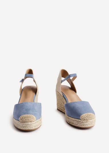 Linzi Present Blue Faux Suede Closed Toe And Open Back Espadrille Wedge