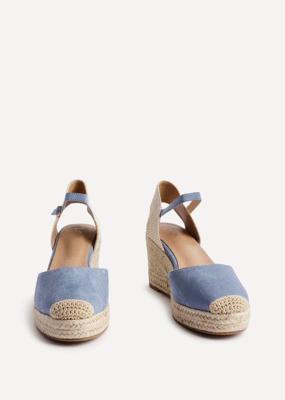 Linzi Present Blue Faux Suede Closed Toe And Open Back Espadrille Wedge