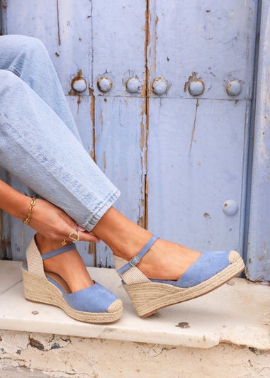 Linzi Present Blue Faux Suede Closed Toe And Open Back Espadrille Wedge