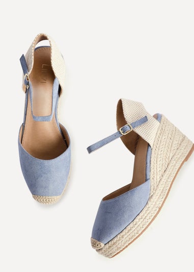 Linzi Present Blue Faux Suede Closed Toe And Open Back Espadrille Wedge