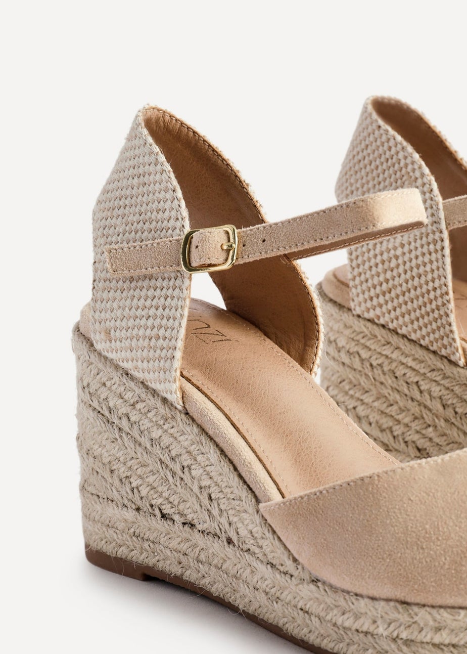 Linzi Present Beige Faux Suede Closed Toe And Open Back Espadrille Wedge