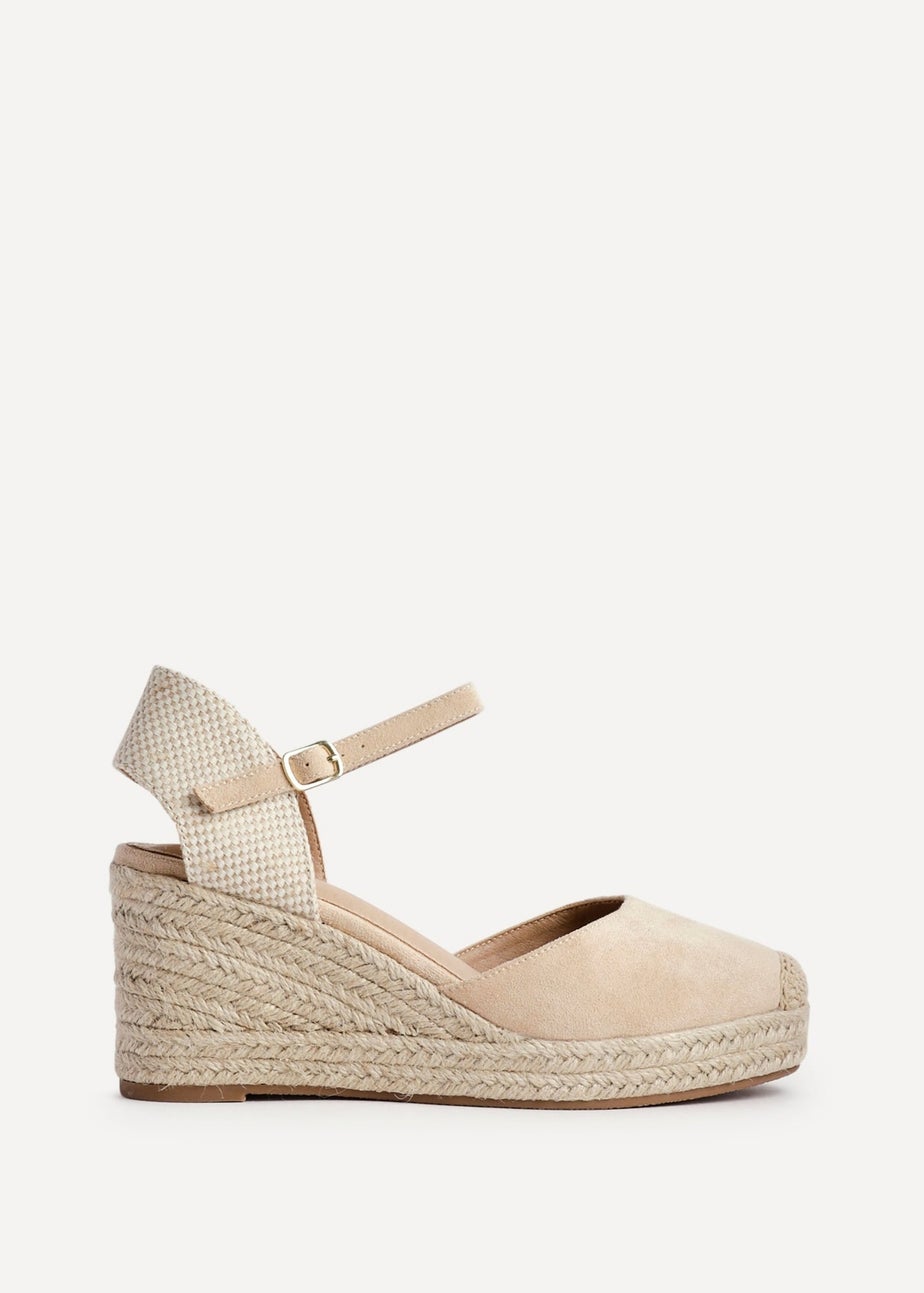 Linzi Present Beige Faux Suede Closed Toe And Open Back Espadrille Wedge