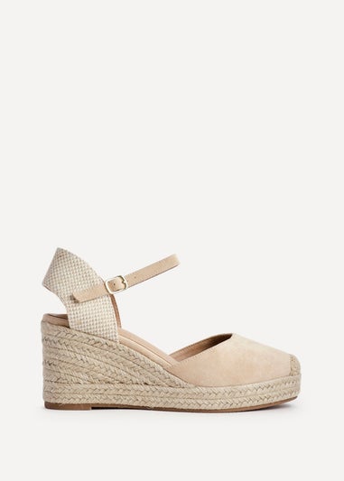 Linzi Present Beige Faux Suede Closed Toe And Open Back Espadrille Wedge