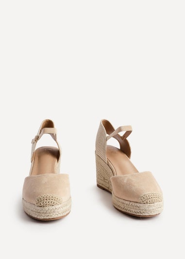 Linzi Present Beige Faux Suede Closed Toe And Open Back Espadrille Wedge