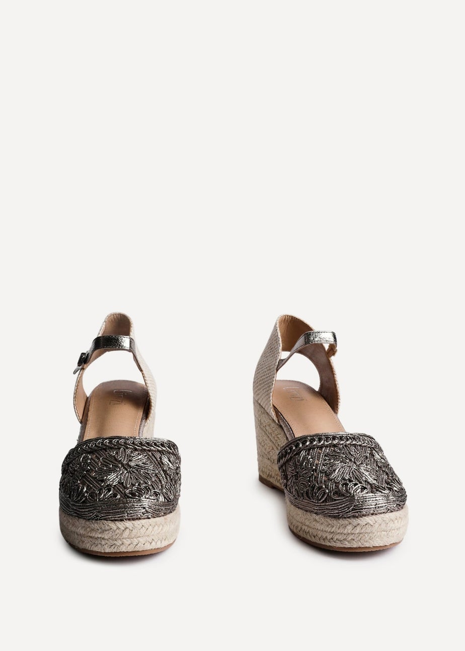 Linzi Mystic Pewter Embroidered Closed Toe Espadrille Wedge