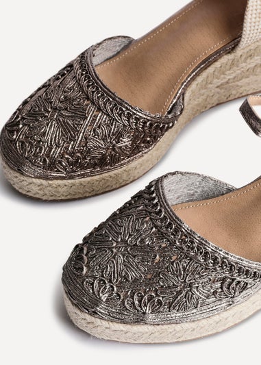 Linzi Mystic Pewter Embroidered Closed Toe Espadrille Wedge