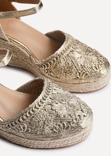 Linzi Mystic Gold Embroidered Closed Toe Espadrille Wedge
