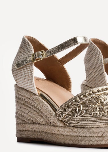 Linzi Mystic Gold Embroidered Closed Toe Espadrille Wedge
