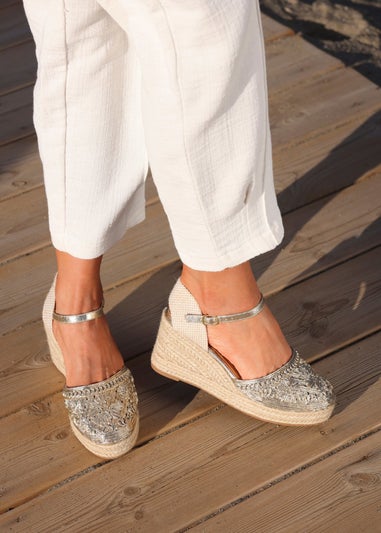 Linzi Mystic Gold Embroidered Closed Toe Espadrille Wedge