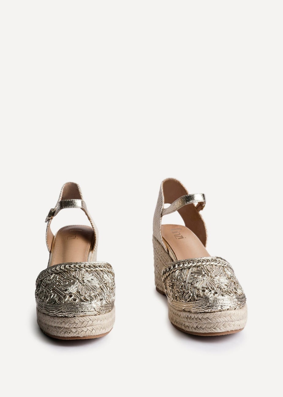 Linzi Mystic Gold Embroidered Closed Toe Espadrille Wedge