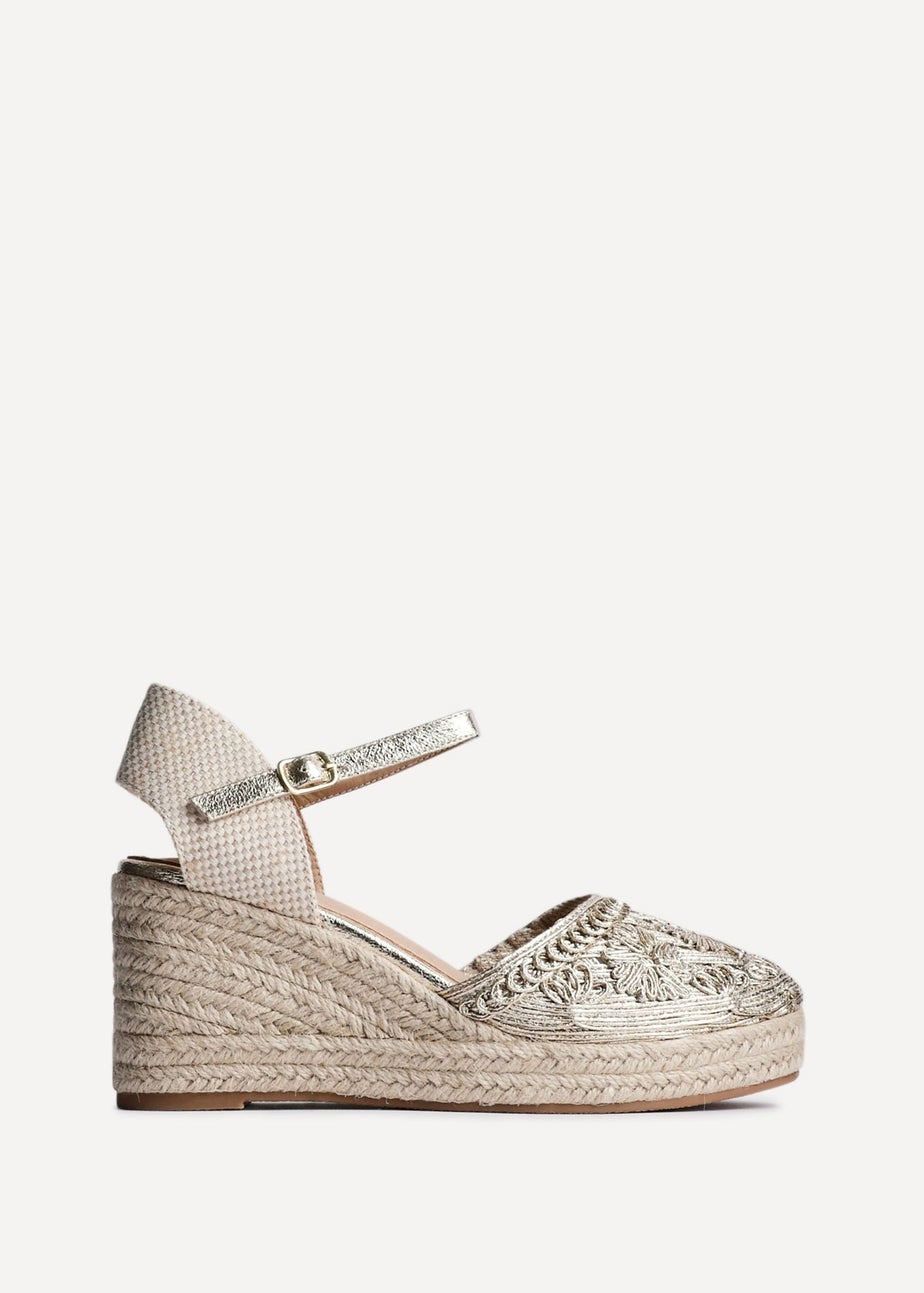Linzi Mystic Gold Embroidered Closed Toe Espadrille Wedge