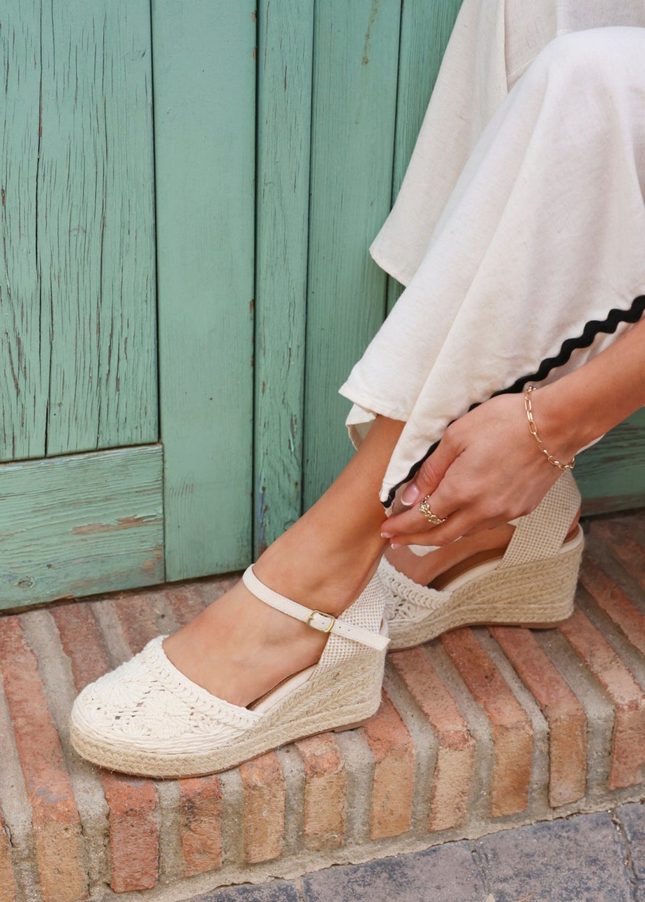 Linzi Mystic Beige Embroidered Closed Toe Espadrille Wedge