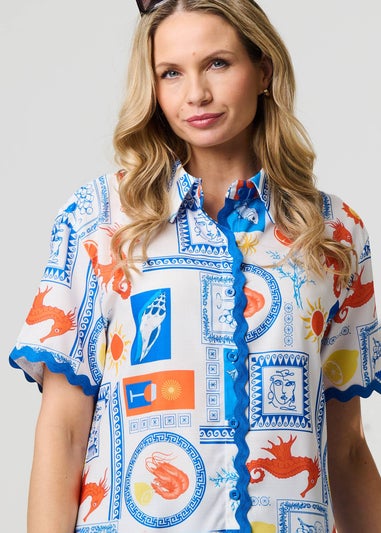 Izabel London Blue Printed Contrast Trim Relaxed Shirt