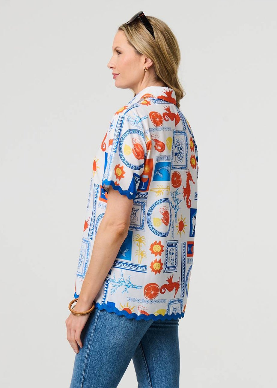 Izabel London Blue Printed Contrast Trim Relaxed Shirt