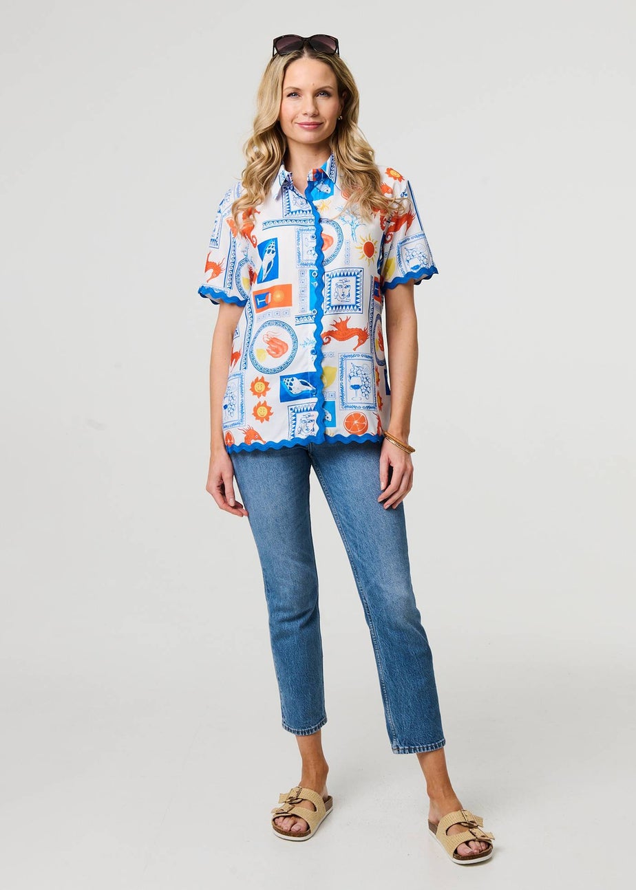 Izabel London Blue Printed Contrast Trim Relaxed Shirt