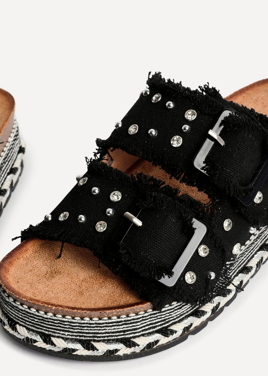 Linzi Bahama Black Diamante Studded Double Buckle Flatform Slider Sandal