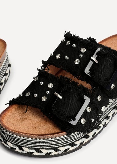 Linzi Bahama Black Diamante Studded Double Buckle Flatform Slider Sandal