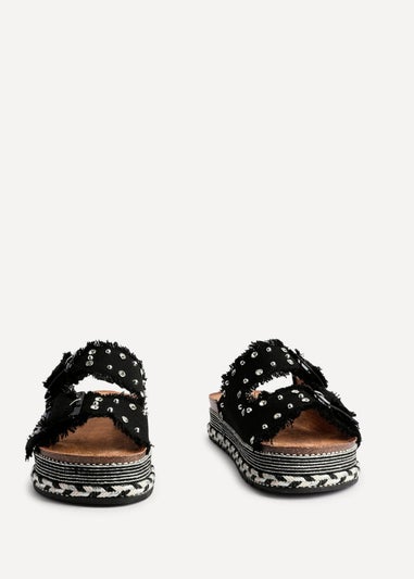 Linzi Bahama Black Diamante Studded Double Buckle Flatform Slider Sandal