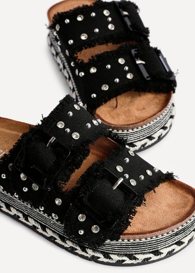 Linzi Bahama Black Diamante Studded Double Buckle Flatform Slider Sandal