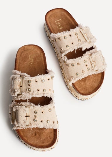Linzi Bahama Beige Diamante Studded Double Buckle Flatform Slider Sandal