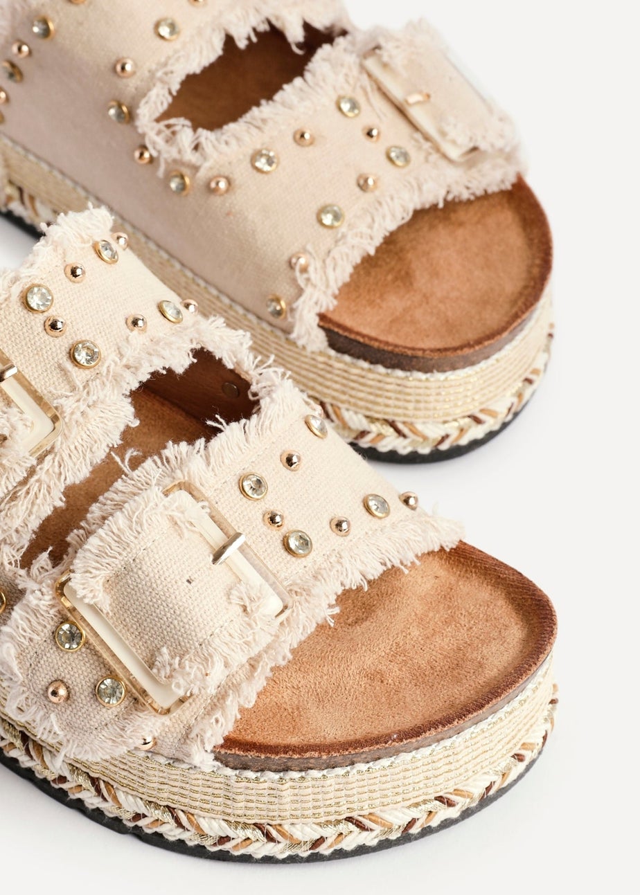 Linzi Bahama Beige Diamante Studded Double Buckle Flatform Slider Sandal