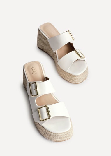 Linzi Impact White Faux Leather Double Buckle Espadrille Wedge Mule