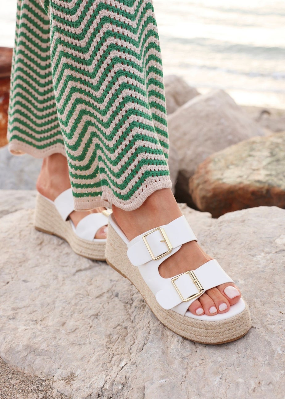 Linzi Impact White Faux Leather Double Buckle Espadrille Wedge Mule