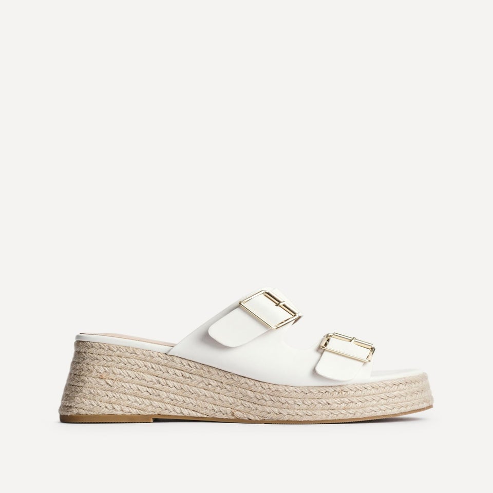 Linzi Impact White Faux Leather Double Buckle Espadrille Wedge Mule