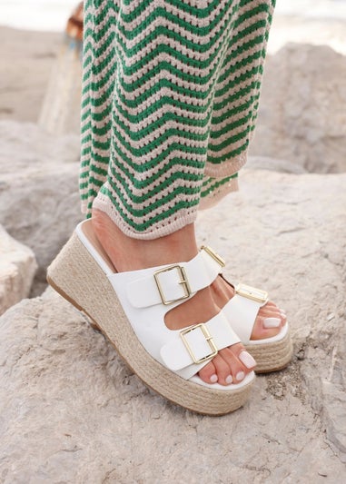 Linzi Impact White Faux Leather Double Buckle Espadrille Wedge Mule