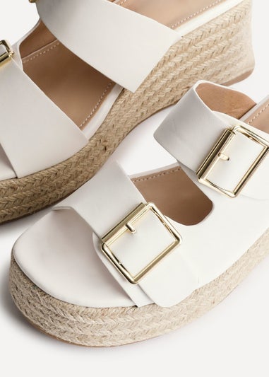 Linzi Impact White Faux Leather Double Buckle Espadrille Wedge Mule