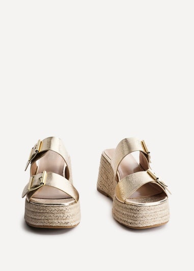 Linzi Impact Gold Faux Leather Double Buckle Espadrille Wedge Mule