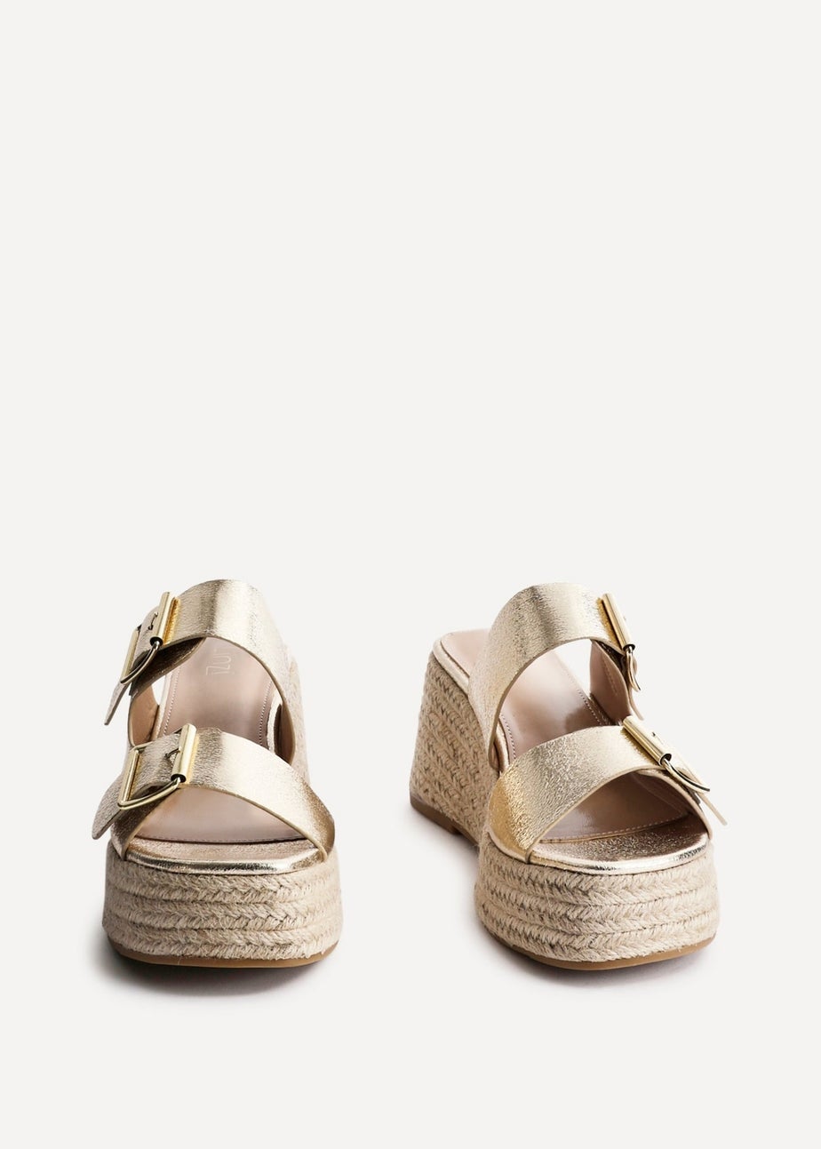 Linzi Impact Gold Faux Leather Double Buckle Espadrille Wedge Mule