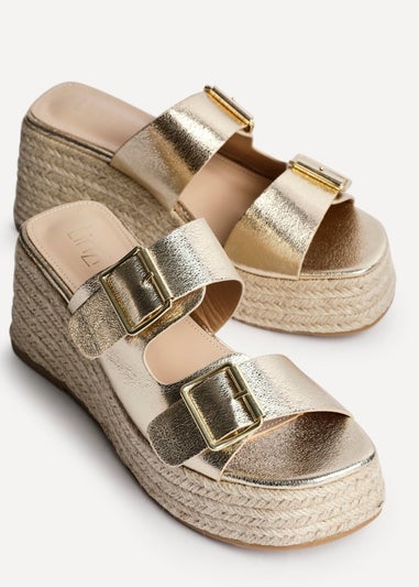 Linzi Impact Gold Faux Leather Double Buckle Espadrille Wedge Mule