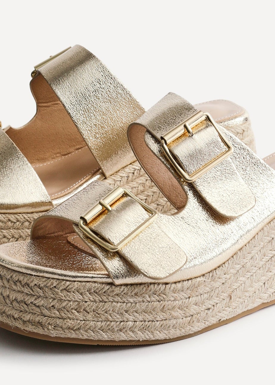 Linzi Impact Gold Faux Leather Double Buckle Espadrille Wedge Mule