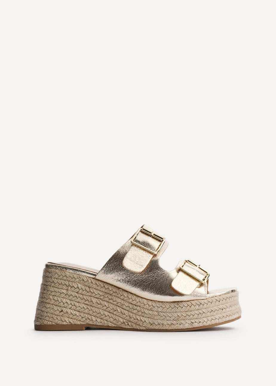 Linzi Impact Gold Faux Leather Double Buckle Espadrille Wedge Mule