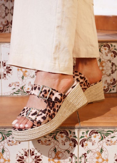 Linzi Impact Leopard Print Double Buckle Espadrille Wedge Mule