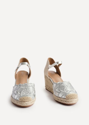 Linzi Florentina Silver Floral Embroidered Espadrille Platform Wedge