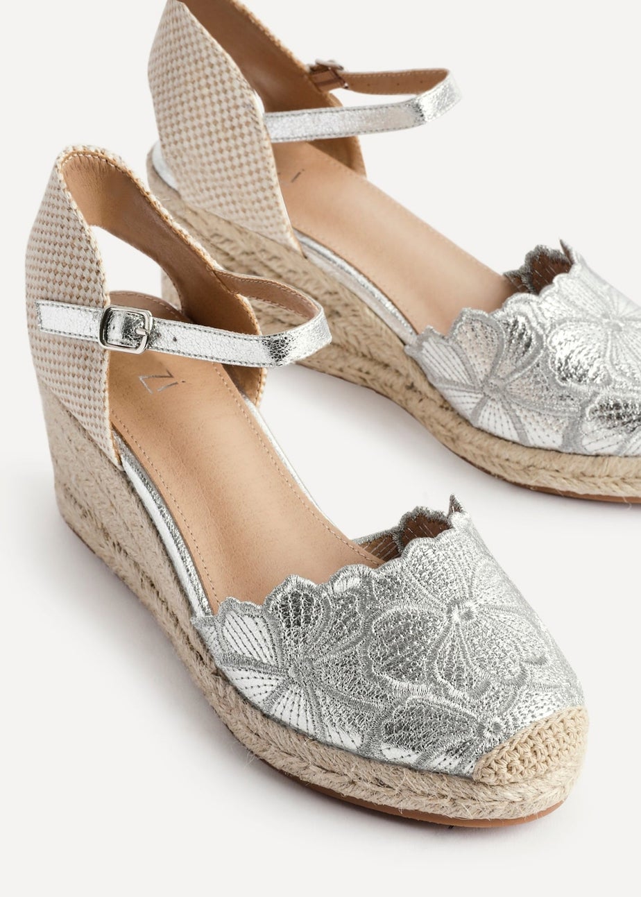 Linzi Florentina Silver Floral Embroidered Espadrille Platform Wedge