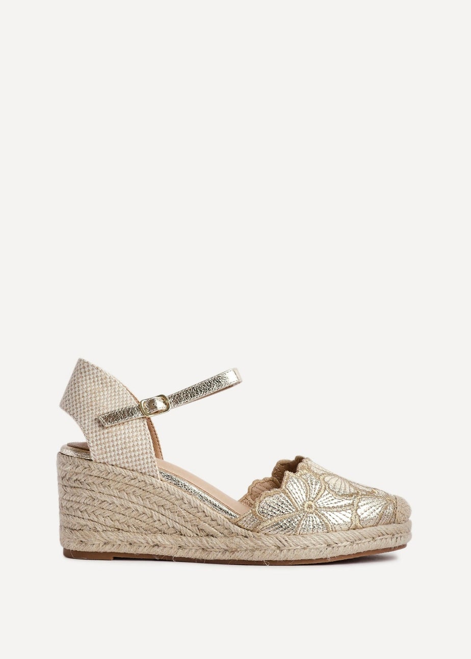Linzi Florentina Gold Floral Embroidered Espadrille Platform Wedge
