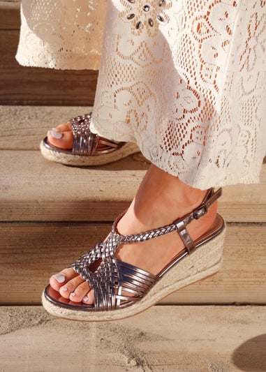 Linzi Evolve Pewter Faux Leather Woven Espadrille Wedge