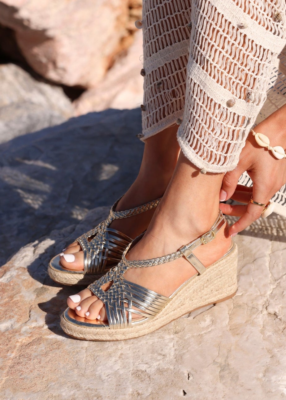Linzi Evolve Gold Faux Leather Woven Espadrille Wedge