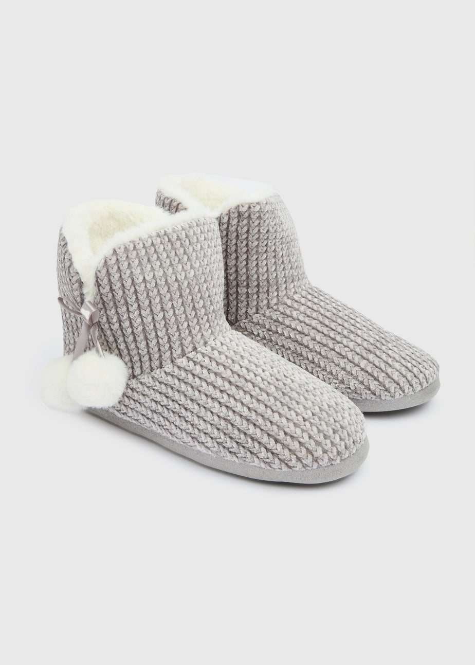 Grey Knit Boot Slipper